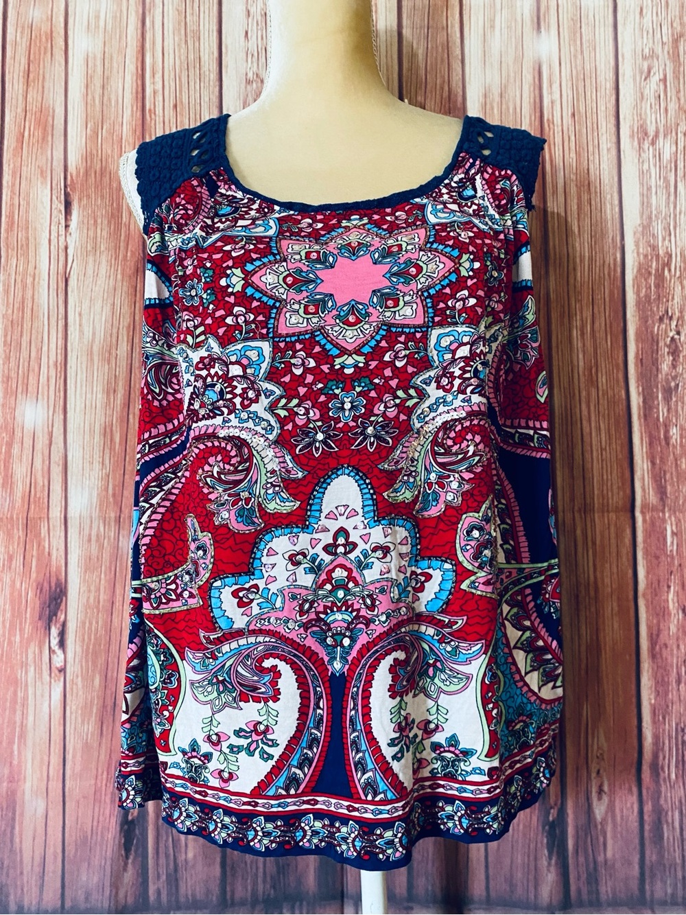 Women’s Large Tank Top Bila Multicolored beaded sequins Crochet Straps Soft